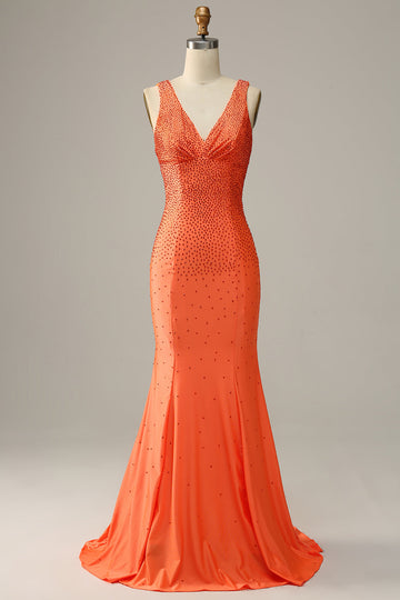 Sirena Cuello en V Naranja Vestido de Fiesta Con Abalorios
